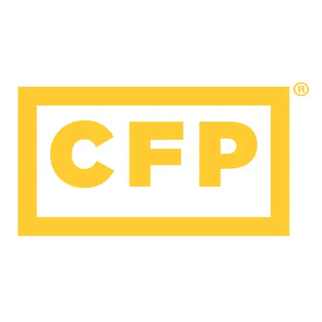 A yellow and white logo of the company cfp.